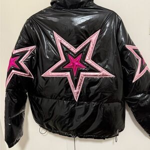 NWOT Fantastic Fawn Metallic Star Women's Shiny Black Puffer Jacket. Size Small